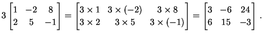 $\displaystyle 3 \begin{bmatrix}1 & -2 & 8 \\ 2 & 5 & -1 \end{bmatrix}= \begin{b...
...s(-1) \end{bmatrix}= \begin{bmatrix}3 & -6 & 24 \\ 6 & 15 & -3 \end{bmatrix}\,.$