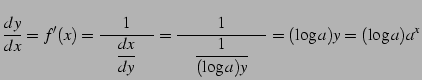 $\displaystyle \frac{dy}{dx}=f'(x)=\frac{1}{\quad\displaystyle{\frac{dx}{dy}}\qu...
...\frac{1}{\quad\displaystyle{\frac{1}{(\log a)y}}\quad}= (\log a)y=(\log a)a^{x}$