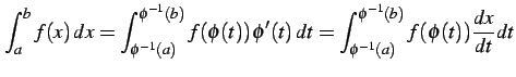 $\displaystyle \int_{a}^{b}f(x)\,dx= \int_{\phi^{-1}(a)}^{\phi^{-1}(b)}f(\phi(t))\phi'(t)\,dt= \int_{\phi^{-1}(a)}^{\phi^{-1}(b)}f(\phi(t))\frac{dx}{dt}dt$