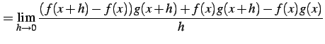 $\displaystyle = \lim_{h\to0}\frac{(f(x+h)-f(x))g(x+h)+f(x)g(x+h)-f(x)g(x)}{h}$