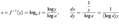 $\displaystyle x=f^{-1}(y)=\log_{a}y= \frac{\log y}{\log a}\,,\qquad \frac{dx}{dy}=\frac{\quad\displaystyle{\frac{1}{y}}\quad}{\log a}= \frac{1}{(\log a)y}$