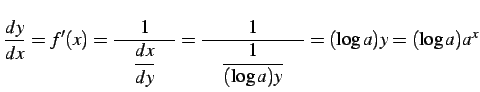 $\displaystyle \frac{dy}{dx}=f'(x)=\frac{1}{\quad\displaystyle{\frac{dx}{dy}}\qu...
...\frac{1}{\quad\displaystyle{\frac{1}{(\log a)y}}\quad}= (\log a)y=(\log a)a^{x}$