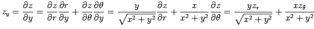 $\displaystyle z_y= \frac{\partial z}{\partial y}= \frac{\partial z}{\partial r}...
...al z}{\partial \theta} = \frac{yz_r}{\sqrt{x^2+y^2}}+ \frac{xz_\theta}{x^2+y^2}$