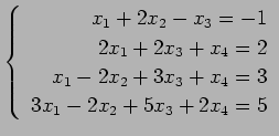 $ \left\{\begin{array}{r}
x_1+2x_2-x_3=-1 \\
2x_1+2x_3+x_4=2 \\
x_1-2x_2+3x_3+x_4=3 \\
3x_1-2x_2+5x_3+2x_4=5
\end{array}\right. $
