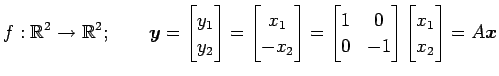 $\displaystyle f:\mathbb{R}^2\to\mathbb{R}^2;\qquad \vec{y}= \begin{bmatrix}y_1 ...
... & 0 \\ 0 & -1 \end{bmatrix} \begin{bmatrix}x_1 \\ x_2 \end{bmatrix} = A\vec{x}$
