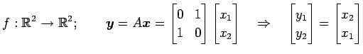 $\displaystyle f:\mathbb{R}^2\to\mathbb{R}^2;\qquad \vec{y}=A\vec{x}= \begin{bma...
...egin{bmatrix}y_1 \\ y_2 \end{bmatrix} = \begin{bmatrix}x_2 \\ x_1 \end{bmatrix}$