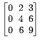 $ \begin{bmatrix}
0\! & \!2\! & \!3 \\ [-0.5ex] 0\! & \!4\! & \!6 \\ [-0.5ex] 0\! &
6\! & \!9
\end{bmatrix}$