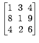 $ \begin{bmatrix}
1\! & \!3\! & \!4 \\ [-0.5ex] 8\! & \!1\! & \!9 \\ [-0.5ex] 4\! &
2\! & \!6
\end{bmatrix}$