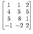 $ \begin{bmatrix}
1\! & \!1\! & \!2 \\ [-0.5ex] 4\! & \!5\! & \!5 \\ [-0.5ex] 5\! &
8\! & \!1 \\ [-0.5ex] -1\! & \!-2\! & \!2
\end{bmatrix}$
