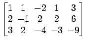 $ \begin{bmatrix}
1\! & \!1\! & \!-2\! & \!1\! & \!3 \\ [-0.5ex] 2\! & \!-1\! & ...
...!
& \!2\! & \!6 \\ [-0.5ex] 3\! & \!2\! & \!-4\! & \!-3\! & \!-9
\end{bmatrix}$