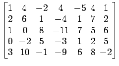 $ \begin{bmatrix}
1\! & \!4\! & \!-2\! & \!4\! & \!-5\! & \!4\! & \!1 \\ [-0.5ex...
...5 \\ [-0.5ex] 3\! &
10\! & \!-1\! & \!-9\! & \!6\! & \!8\! & \!-2
\end{bmatrix}$