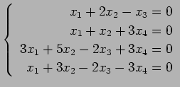 $ \left\{\begin{array}{r}
x_1+2x_2-x_3=0 \\
x_1+x_2+3x_4=0 \\
3x_1+5x_2-2x_3+3x_4=0 \\
x_1+3x_2-2x_3-3x_4=0
\end{array}\right. $