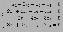 $ \left\{\begin{array}{r}
x_1+2x_2-x_3+x_4=0 \\
2x_1+4x_2-x_3+4x_4=0 \\
-2x_1-4x_2+3x_3=0 \\
3x_1+6x_2-x_3+7x_4=0
\end{array}\right. $