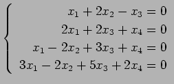 $ \left\{\begin{array}{r}
x_1+2x_2-x_3=0 \\
2x_1+2x_3+x_4=0 \\
x_1-2x_2+3x_3+x_4=0 \\
3x_1-2x_2+5x_3+2x_4=0
\end{array}\right. $