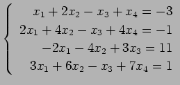 $ \left\{\begin{array}{r}
x_1+2x_2-x_3+x_4=-3 \\
2x_1+4x_2-x_3+4x_4=-1 \\
-2x_1-4x_2+3x_3=11 \\
3x_1+6x_2-x_3+7x_4=1
\end{array}\right. $