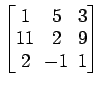 $ \begin{bmatrix}1\! & \!5\! & \!3 \\ [-0.5ex] 11\! & \!2\! & \!9 \\ [-0.5ex] 2\! & \!-1\! & \!1 \end{bmatrix}$