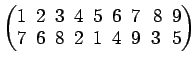 $ \begin{pmatrix}
1\! & \!2\! & \!3\! & \!4\! & \!5\! & \!6\! & \!7\! &
8\! & \!...
...7\! & \!6\! & \!8\! & \!2\! & \!1\!
& \!4\! & \!9\! & \!3\! & \!5
\end{pmatrix}$