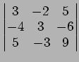 $ \begin{vmatrix}
3\! & \!-2\! & \!5 \\ [-0.5ex] -4\! & \!3\! & \!-6 \\ [-0.5ex] 5\! &
-3\! & \!9
\end{vmatrix}$
