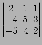 $ \begin{vmatrix}
2\! & \!1\! & \!1 \\ [-0.5ex] -4\! & \!5\! & \!3 \\ [-0.5ex] -5\! &
4\! & \!2
\end{vmatrix}$