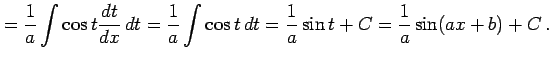 $\displaystyle = \frac{1}{a}\int\cos t\frac{dt}{dx}\,dt= \frac{1}{a}\int\cos t\,dt= \frac{1}{a}\sin t+C= \frac{1}{a}\sin(ax+b)+C\,.$