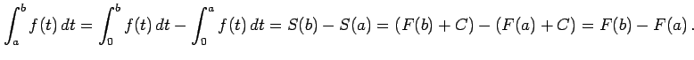 $\displaystyle \int_{a}^{b}f(t)\,dt= \int_{0}^{b}f(t)\,dt- \int_{0}^{a}f(t)\,dt= S(b)-S(a)= (F(b)+C)-(F(a)+C)=F(b)-F(a)\,.$