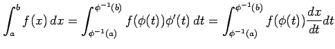 $\displaystyle \int_{a}^{b}f(x)\,dx= \int_{\phi^{-1}(a)}^{\phi^{-1}(b)}f(\phi(t))\phi'(t)\,dt= \int_{\phi^{-1}(a)}^{\phi^{-1}(b)}f(\phi(t))\frac{dx}{dt}dt$