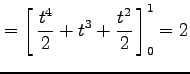 $\displaystyle = \left[\vrule height1.5em width0em depth0.1em\,{\frac{t^4}{2}+t^3+\frac{t^2}{2}}\,\right]_0^1=2$
