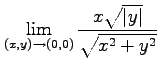 $ \displaystyle{\lim_{(x,y)\to(0,0)}\frac{x\sqrt{\vert y\vert}}{\sqrt{x^2+y^2}}}$