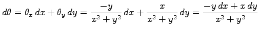 $\displaystyle d\theta= \theta_x\,dx+\theta_y\,dy= \frac{-y}{x^2+y^2}\,dx+ \frac{x}{x^2+y^2}\,dy = \frac{-y\,dx+x\,dy}{x^2+y^2}$