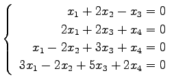 $ \left\{\begin{array}{r}
x_1+2x_2-x_3=0 \\
2x_1+2x_3+x_4=0 \\
x_1-2x_2+3x_3+x_4=0 \\
3x_1-2x_2+5x_3+2x_4=0
\end{array}\right. $