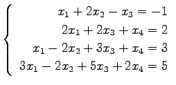 $ \left\{\begin{array}{r}
x_1+2x_2-x_3=-1 \\
2x_1+2x_3+x_4=2 \\
x_1-2x_2+3x_3+x_4=3 \\
3x_1-2x_2+5x_3+2x_4=5
\end{array}\right. $