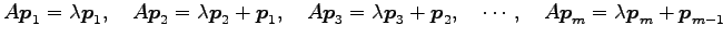 $\displaystyle A\vec{p}_1=\lambda\vec{p}_1, \quad A\vec{p}_2=\lambda\vec{p}_2+\v...
...c{p}_3+\vec{p}_2, \quad \cdots, \quad A\vec{p}_m=\lambda\vec{p}_m+\vec{p}_{m-1}$