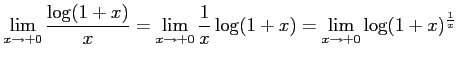 $\displaystyle \lim_{x\to+0} \frac{\log(1+x)}{x}= \lim_{x\to+0} \frac{1}{x}\log(1+x) = \lim_{x\to+0} \log(1+x)^{\frac{1}{x}}$