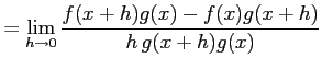 $\displaystyle = \lim_{h\to0}\frac{f(x+h)g(x)-f(x)g(x+h)}{h\,g(x+h)g(x)}$