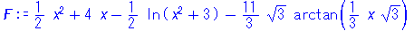 1/2*x^2+4*x-1/2*ln(x^2+3)-11/3*3^(1/2)*arctan(1/3*x*3^(1/2))