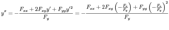 $\displaystyle y''&= -\frac{F_{xx}+2F_{xy}y'+F_{yy}y'{}^2}{F_y}= -\frac{F_{xx}+2F_{xy}\left(-\frac{F_x}{F_y}\right)+ F_{yy}\left(-\frac{F_x}{F_y}\right)^2}{F_y}$