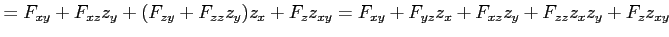 $\displaystyle = F_{xy}+F_{xz}z_y+(F_{zy}+F_{zz}z_y)z_x+F_zz_{xy} = F_{xy}+F_{yz}z_x+F_{xz}z_y+F_{zz}z_xz_y+F_zz_{xy}$