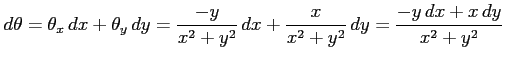 $\displaystyle d\theta= \theta_x\,dx+\theta_y\,dy= \frac{-y}{x^2+y^2}\,dx+ \frac{x}{x^2+y^2}\,dy = \frac{-y\,dx+x\,dy}{x^2+y^2}$