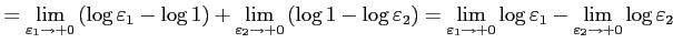 $\displaystyle = \lim_{\varepsilon_{1}\to+0} \left(\log\varepsilon_{1}-\log 1\ri...
...on_{1}\to+0}\log\varepsilon_{1}- \lim_{\varepsilon_{2}\to+0}\log\varepsilon_{2}$