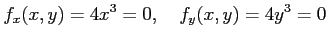 $\displaystyle f_x(x,y)=4x^3=0, \quad f_y(x,y)=4y^3=0$